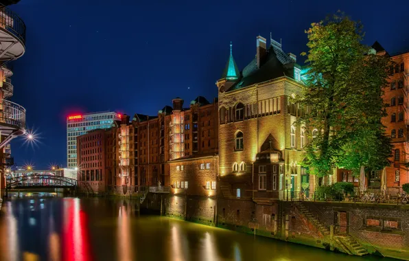 The sky, trees, night, bridge, lights, home, stars, Germany