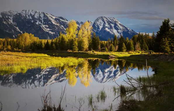 Autumn, the sky, snow, trees, mountains, lake, Wyoming, USA