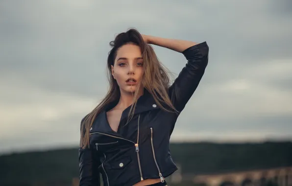 Model, women, jacket, leather jacket, depth of field, zipper, looking at viewer, women outdoors