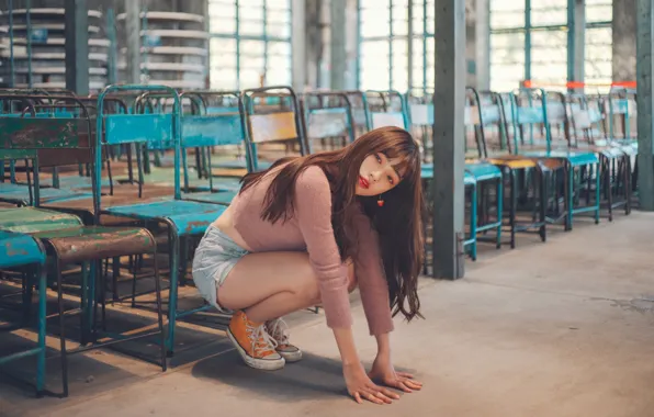 Look, pose, model, shorts, Windows, chairs, sneakers, portrait