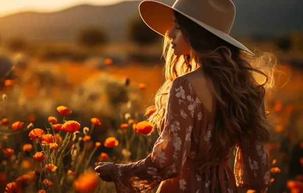 Field, summer, girl, the sun, light, flowers, nature, pose