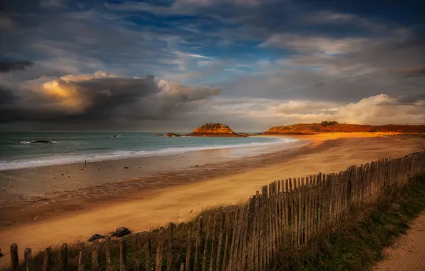 Sand, sea, beach, the sky, clouds, light, rocks, shore