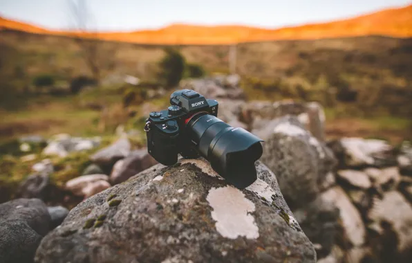Picture field, the sun, stones, hills, camera, lens, Sony, bokeh