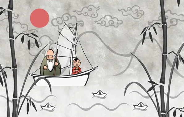 Boat, bamboo, the old man, boats, Japanese motifs
