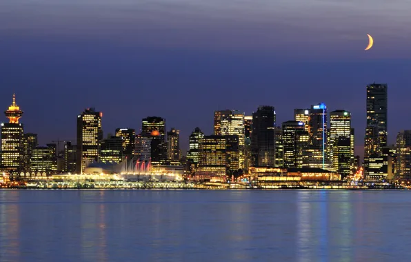 Night, the city, lights, the ocean, the moon, skyscrapers, Canada, Vancouver