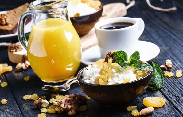 Picture coffee, Breakfast, mint, cheese, raisins, orange juice, decanter, walnuts