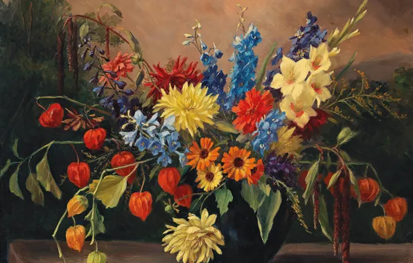 Picture, still life, painting, canvas, Still life with autumn flowers, Camilla Gobl-Wahl