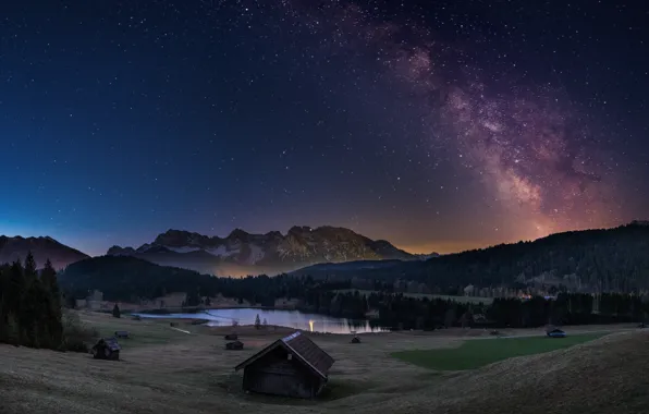 Picture forest, stars, mountains, night, lake, Alps, house, the milky way