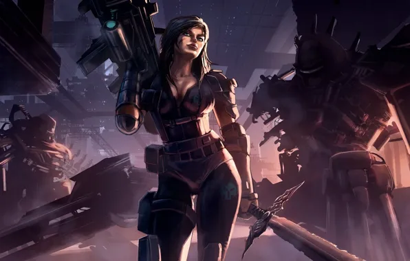Girl, metal, weapons, sword, robots, art, fur, Loyvet Stone