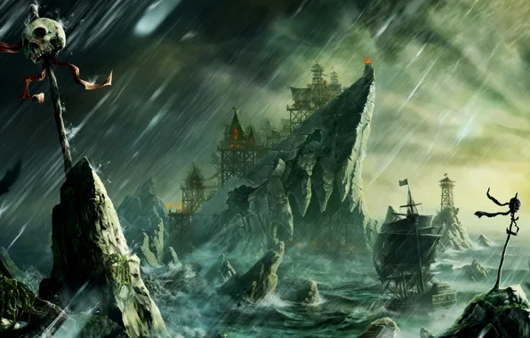Storm, rain, rocks, the wind, danger, ship, skull, sailboat