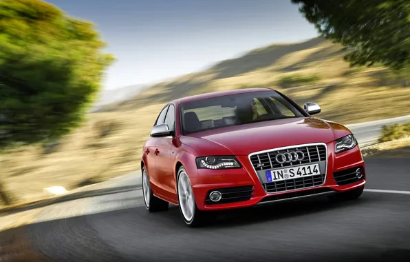 Picture Audi, Red, Logo, Sedan, Lights, Car, the front, In Motion