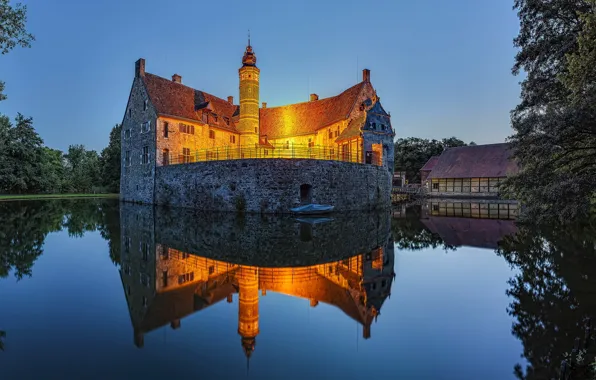 Picture trees, lake, castle, the evening, lighting, twilight