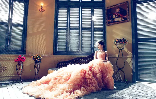 Girl, light, flowers, sofa, Windows, interior, picture, dress