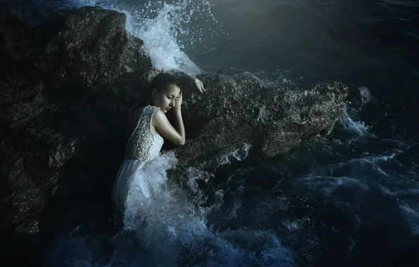 Picture wave, girl, squirt, stones