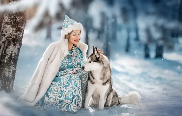 Picture winter, girl, snow, each, mood, dog, friendship, maiden