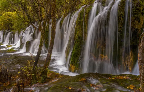 Autumn, trees, China, waterfall, China, cascade, Jiuzhai valley national Park, Jiuzhai Valley National Park