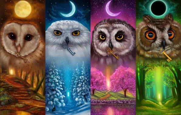 Picture the moon, keys, owls, Keepers of the keys