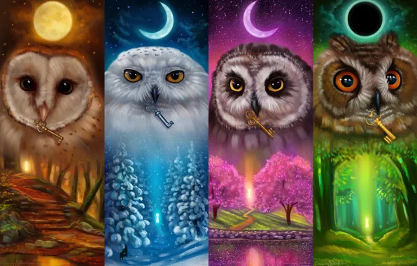 The moon, keys, owls, Keepers of the keys