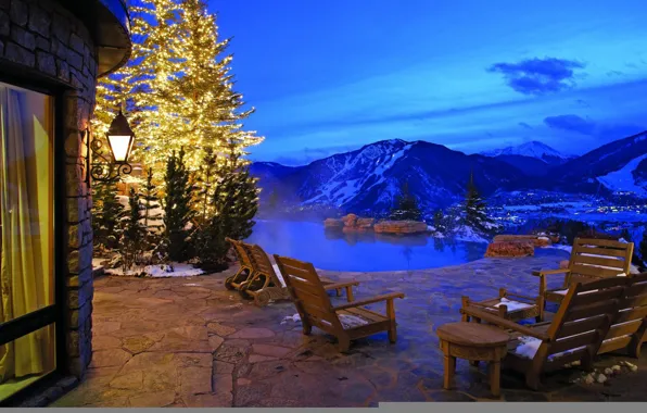 Winter, water, snow, mountains, nature, lights, house, furniture