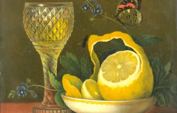 Trees, butterfly, oil, picture, Still life with Lemon and Glass Crystal, Maria Margaretha van OS