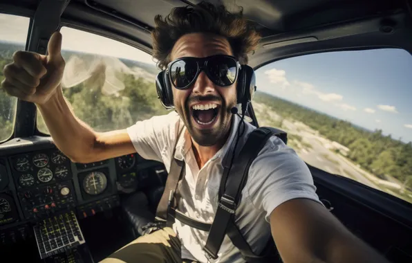 Glasses, Smile, Flight, Male, Joy, Digital art, AI art, The Art of Artificial Intelligence