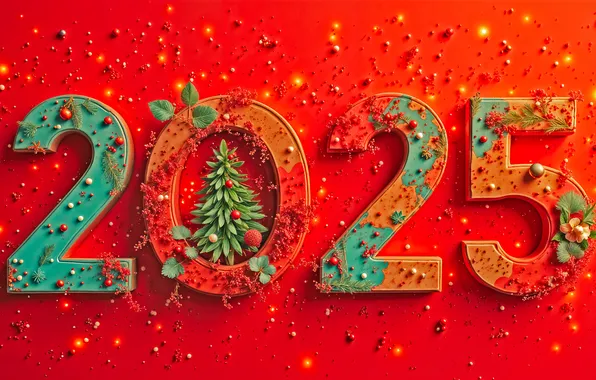 Balls, green, figures, red, New year, herringbone, beads, red background