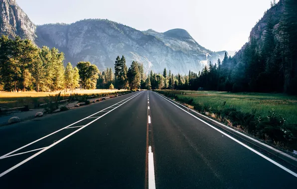 Picture road, forest, the sky, clouds, trees, landscape, sunset, mountains