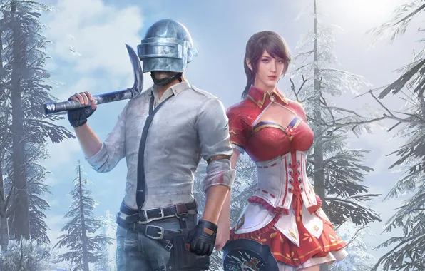 Winter, girl, weapons, helmet, guy, PlayerUnknown's Battlegrounds