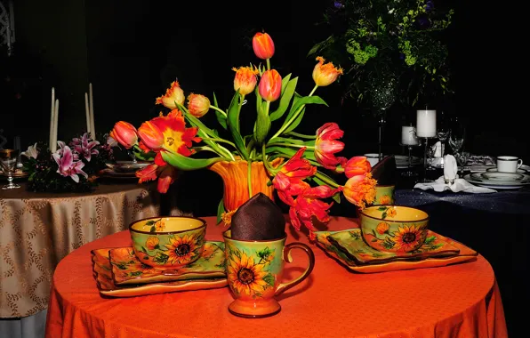 Flowers, table, bouquet, plate, Cup, tulips, still life, set