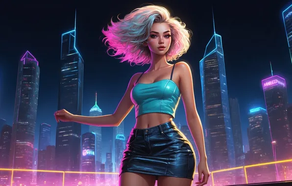 Girl, city, the city, hair, skyscraper, skirt, hairstyle, top