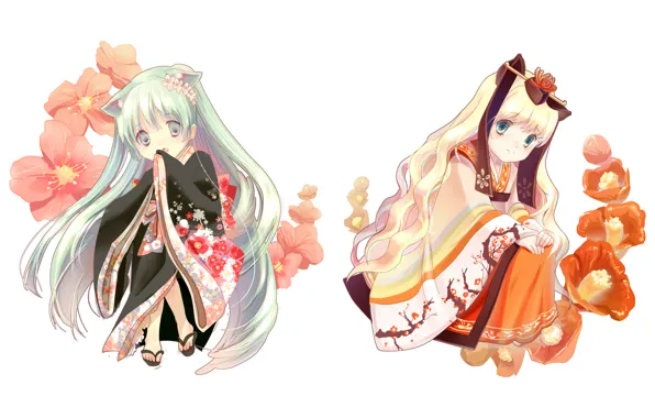 Flowers, Japan, kimono, neko, Hatsune Miku, Vocaloid, Vocaloid, Hatsune Miku