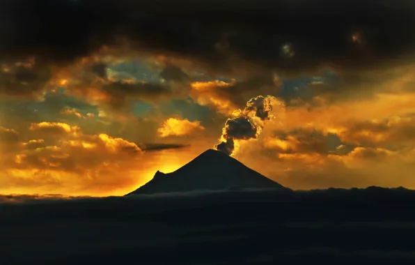 The sky, clouds, dawn, mountain, the volcano