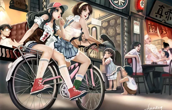 Picture bike, girls, art, cafe, cap, Lollipop, candy