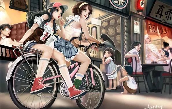 Bike, girls, art, cafe, cap, Lollipop, candy