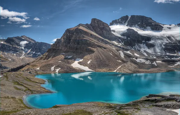 The sky, clouds, snow, mountains, lake