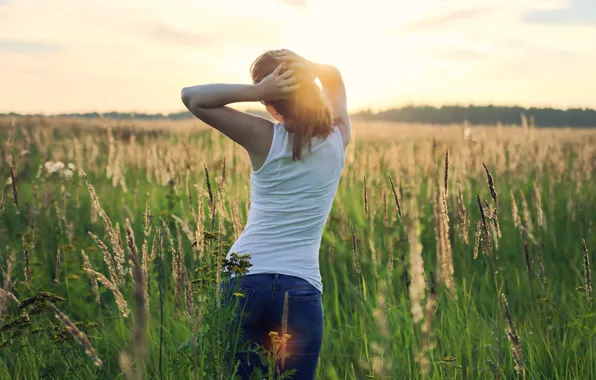 Field, grass, girl, joy, happiness, sunset, sunrise, mood