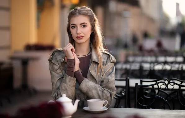 Look, girl, pose, hands, jacket, mug, long hair, Dmitry Shulgin