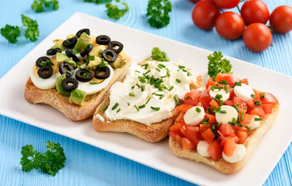 Picture greens, food, cheese, bread, tomatoes, olives, sandwiches