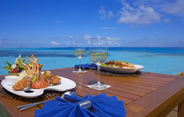 Food, champagne, beach, Maldives, seafood, Lunch