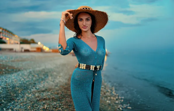 Beach, look, hat, bokeh, Karina, Andrew Filonenko
