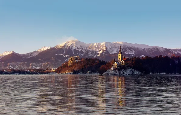 Winter, forest, snow, lake, castle, tower, mountain, ruffle