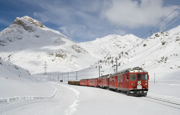 Snow, mountains, red, train