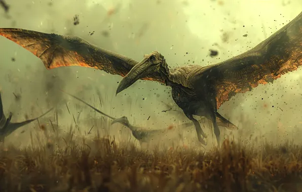 Grass, Wings, Animals, Digital art, Dinosaurs, Pterodactyls, Ancient animals, Extinct animals