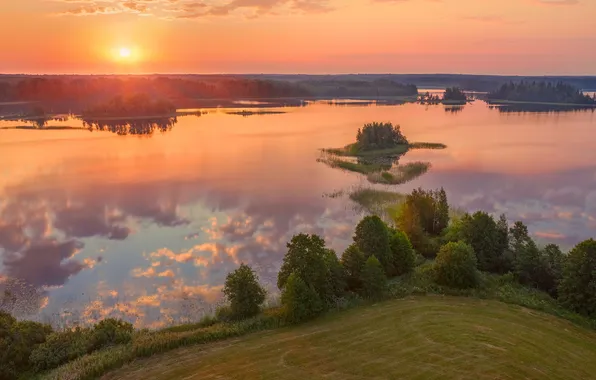 The sky, the sun, clouds, trees, lake, reflection, dawn, shore