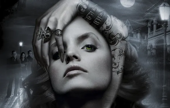 Dark, Mena Suvari, sake, moon, horror, sky, green eyes, woman
