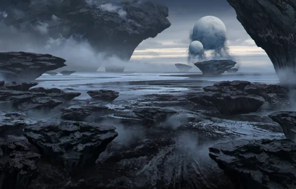 Picture fog, stones, rocks, pond, alien lands