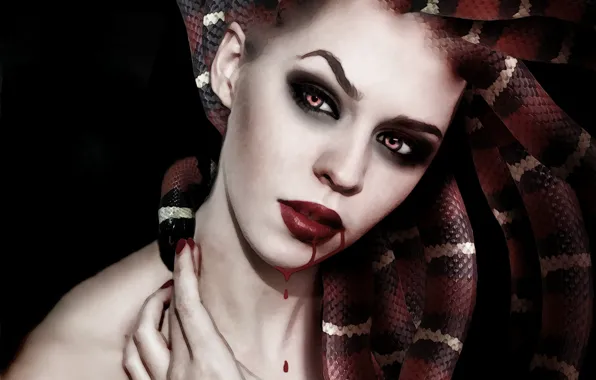 Snakes, girl, face, background, blood, makeup, art, Medusa
