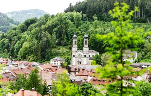 Picture greens, trees, mountains, the city, building, home, Germany, Church