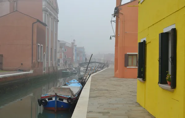 Bridge, fog, boat, home, Italy, Venice, channel, Burano island
