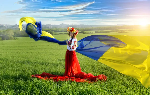 Picture field, the sky, grass, blue, yellow, flag, blonde, braid